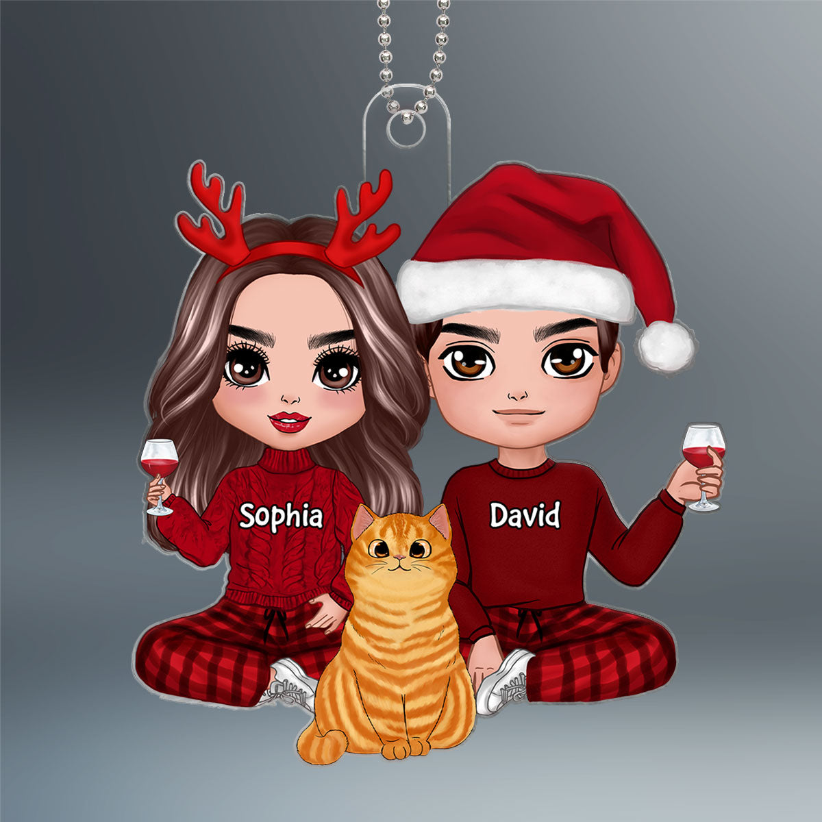 Doll Couple Sitting With Fluffy Cats Christmas Personalized Acrylic Ornament