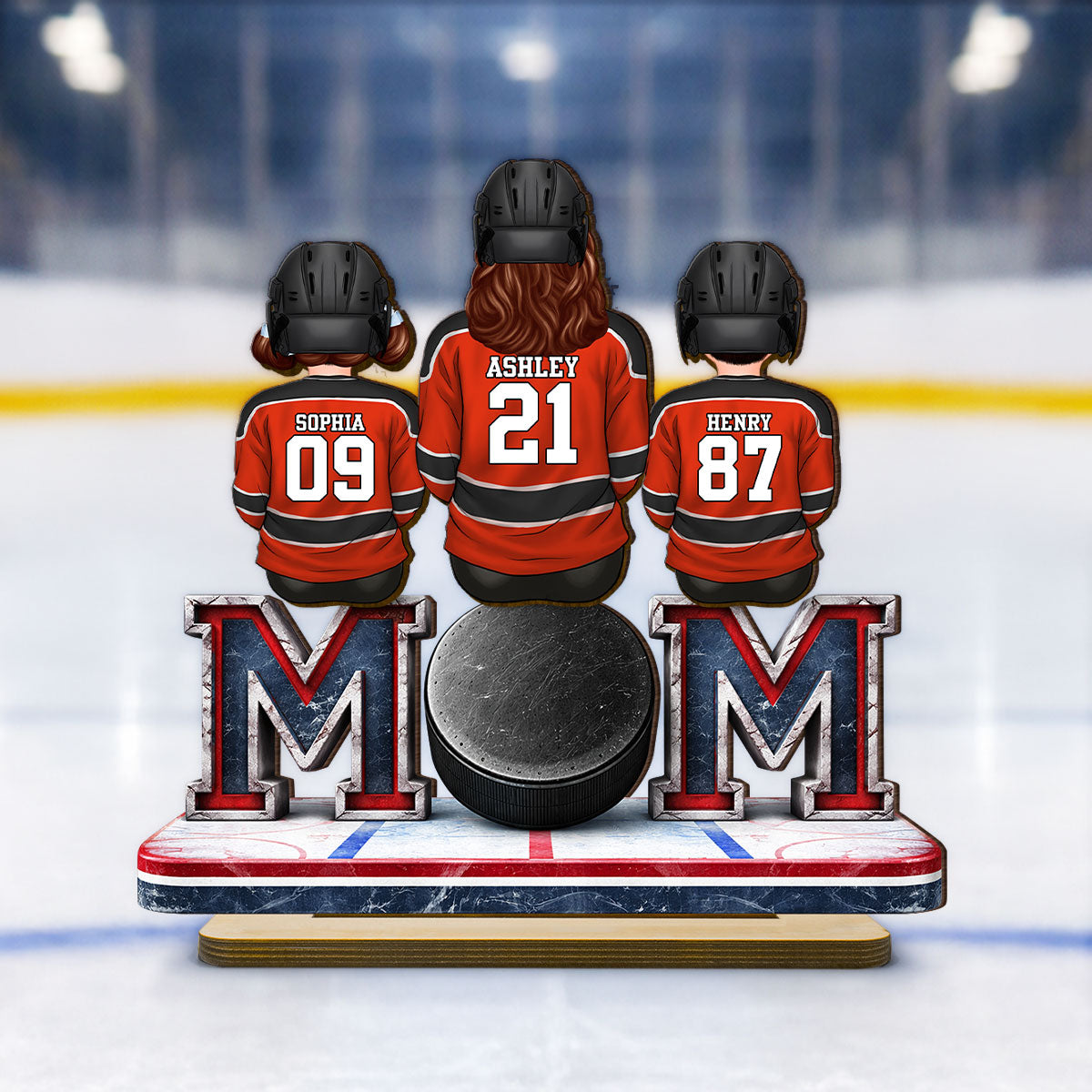 Hockey Mom And Kids Sitting Together - Personalized 2-Layered Wooden Plaque - Gift For Hockey Mom