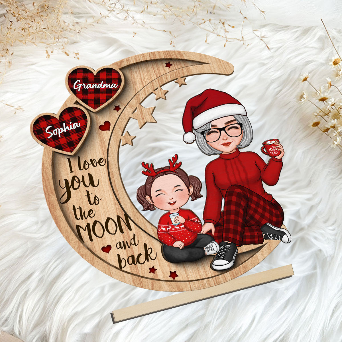 Checkered Pattern Heart Cute Grandma Grandkids Sitting On Moon Christmas Personalized 2-Layer Standing Wooden Plaque