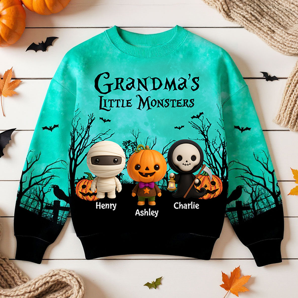 Grandma Mom Little Monsters Halloween Moon Light Bat Tree Personalized 3D Sweat Shirt, Purrfect Costume for Grandma