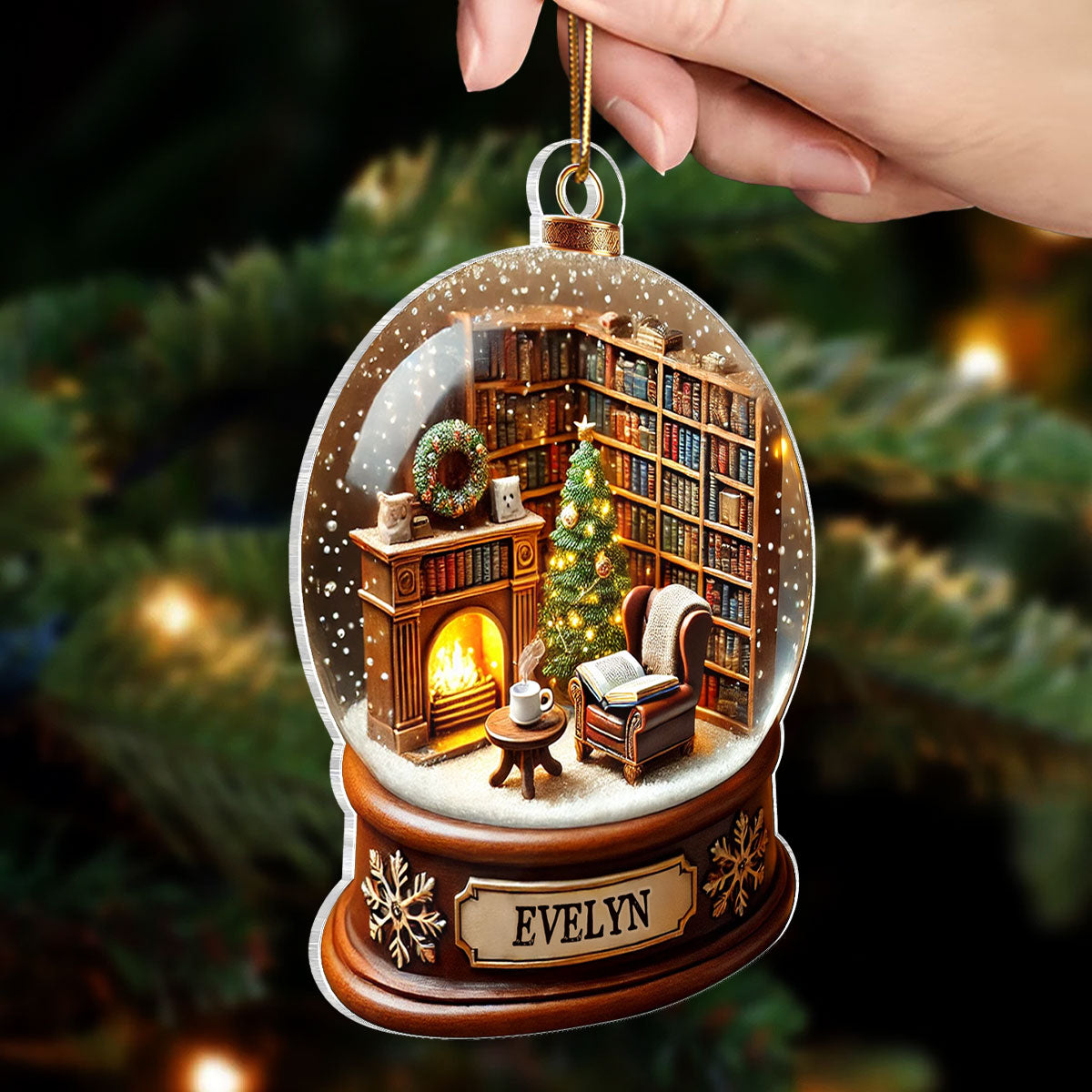 Book Lover Room 3D Effect Snow Globe Christmas Book Club Gift Book Reader Personalized Acrylic Flat Ornament
