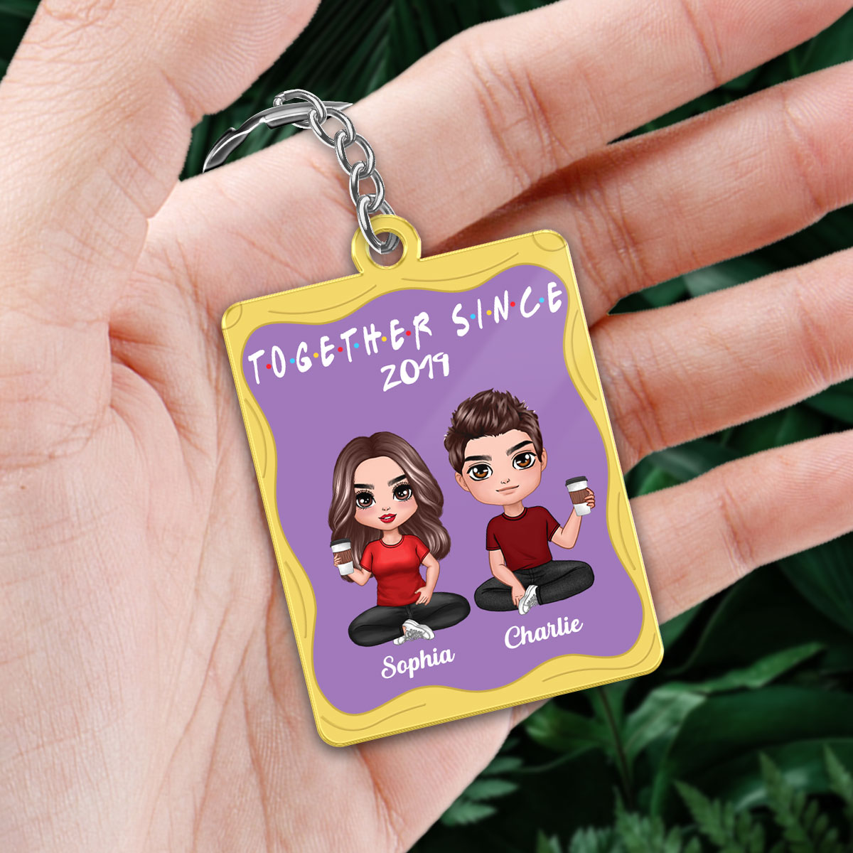Doll Couple Sitting Purple Yellow Favorite Song Scannable QR Code Personalized Acrylic Keychain