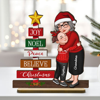Joy Peace Believe Christmas Gift For Granddaughter Grandson Personalized 2-Layer Standing Wooden Plaque