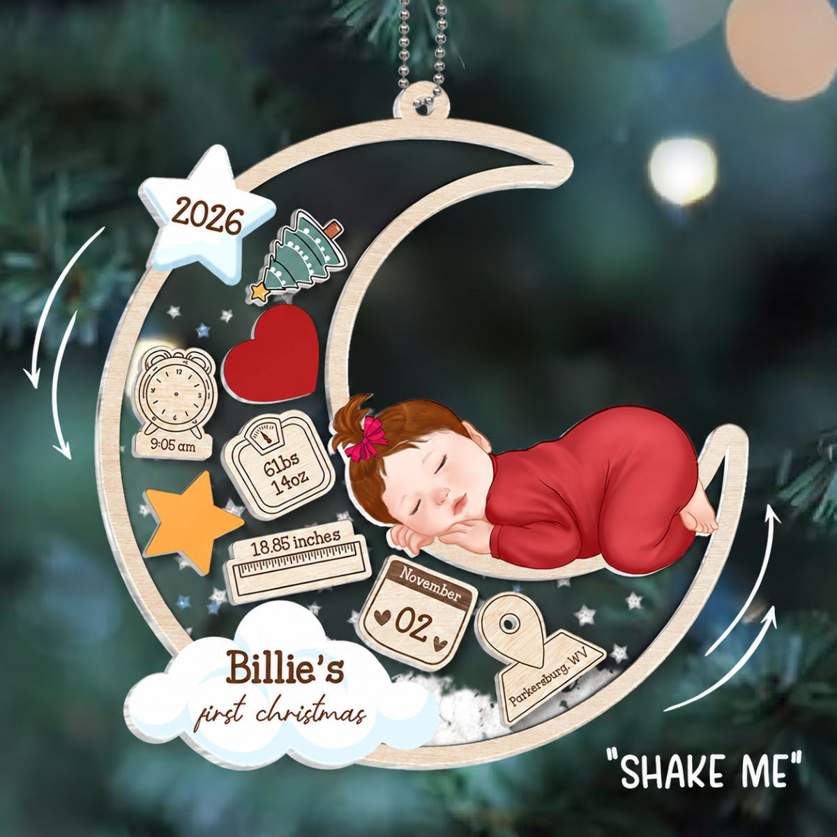 Baby Sleeping On Moon First Christmas Personalized 4D Shaker Ornament, Custom Newborn Gift