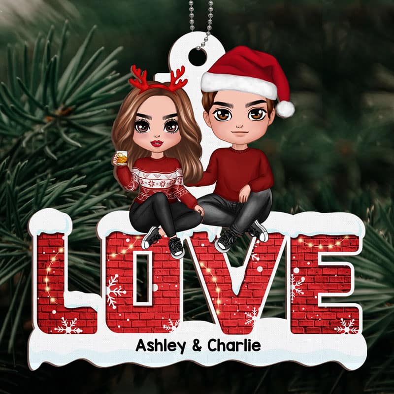 Doll Christmas Couple Sitting On LOVE Personalized Wooden Ornament