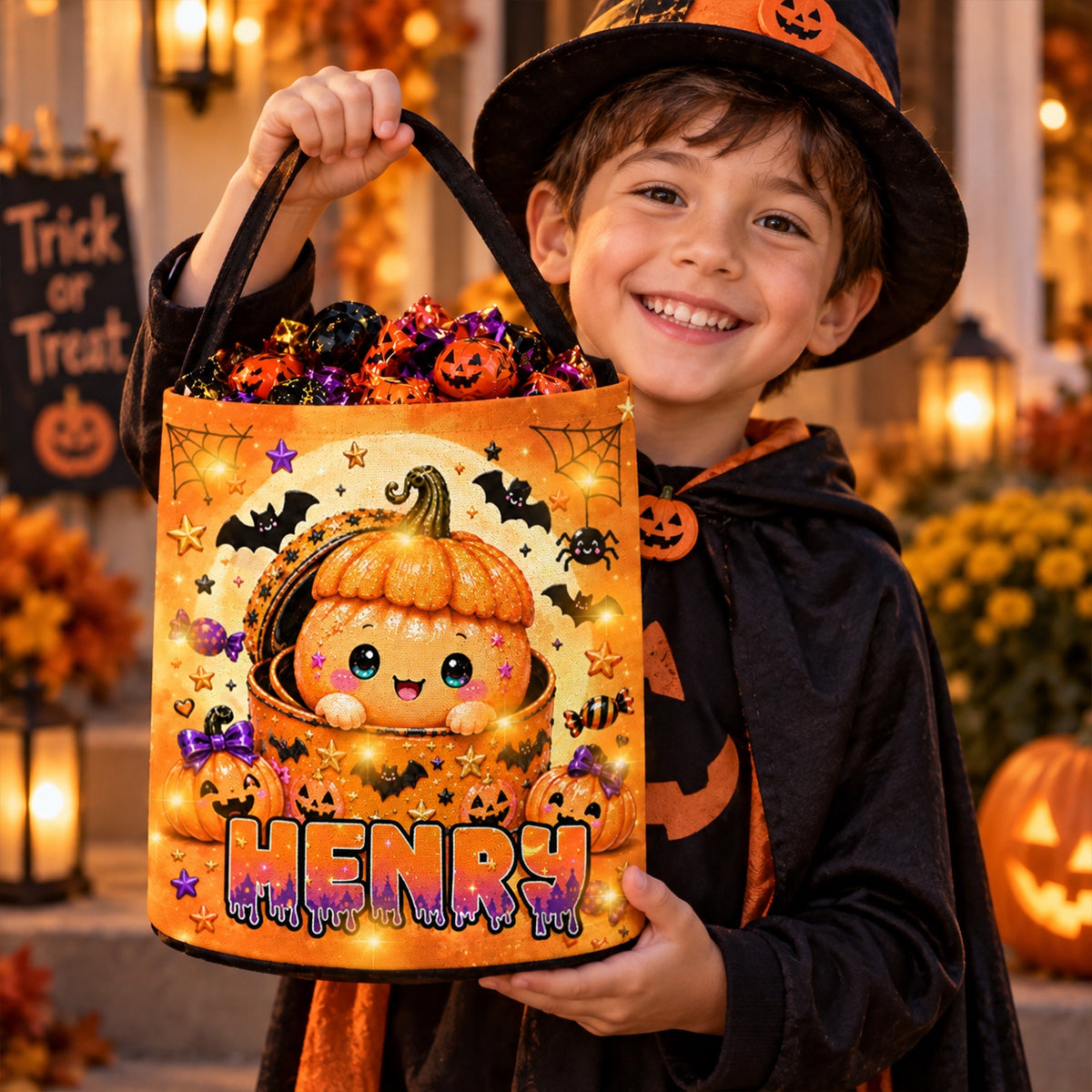 Kawaii Cute Halloween Dumpling - Personalized LED Trick or Treat Bucket - Custom Name Treat Bucket for Kids