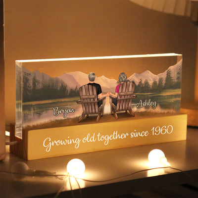 Retro Vintage Back View Couple Sitting Mountain Landscape Personalized Acrylic Block LED Night Light, Heartfelt Gift For Couple, For Him, For Her, Boyfriend, Girlfriend, Husband, Wife