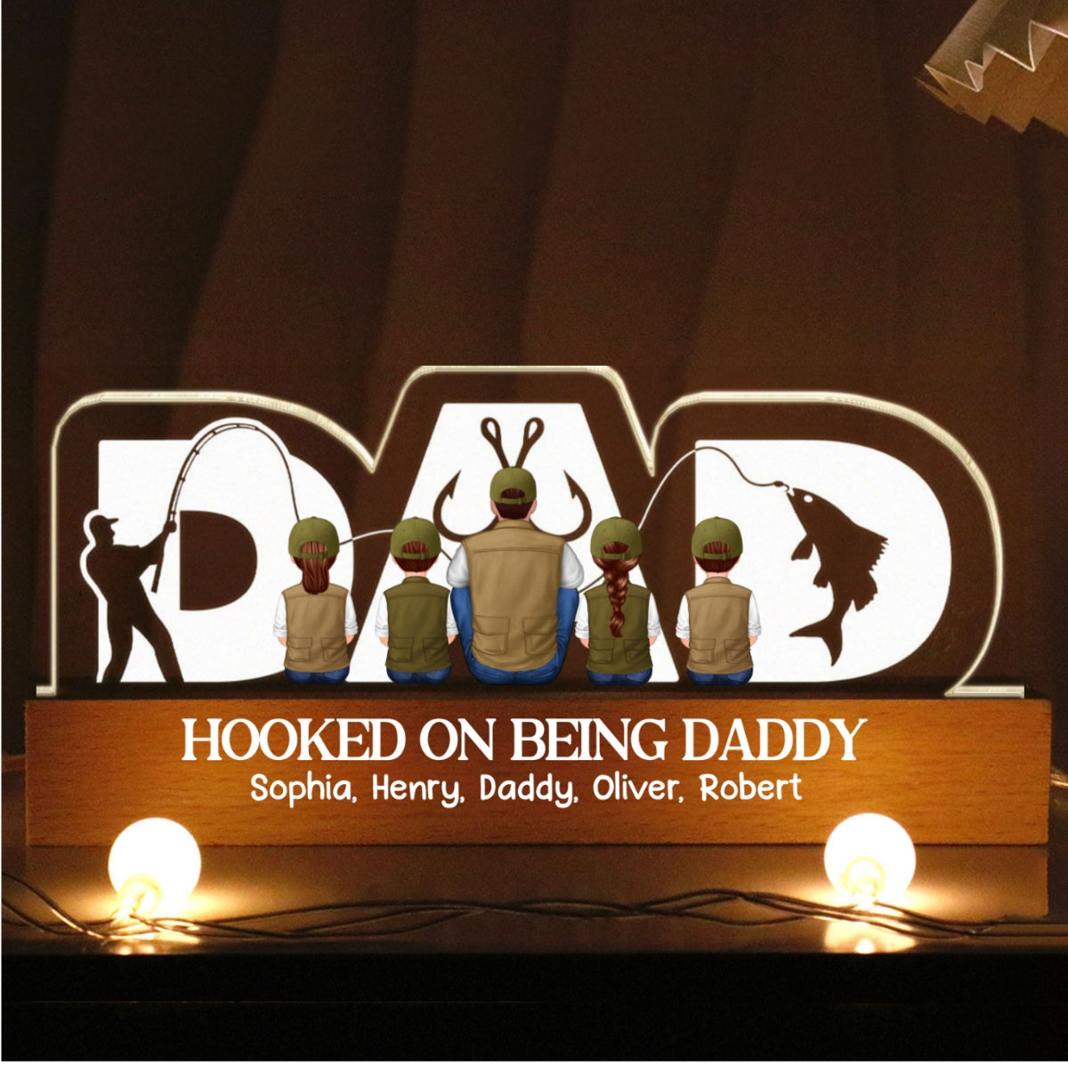 Fishing Dad Grandpa And Kids Back View Personalized Acrylic LED Night Light, Father's Day Gift for Dad, Gift for Husband