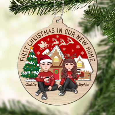 First Christmas In Our New Home Couple Sitting Personalized 2-Layer Wooden Ornament