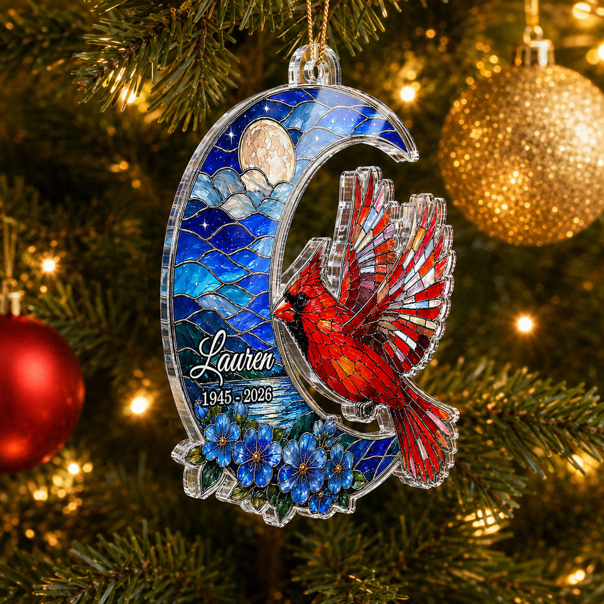 Cardinal Beneath the Blue Moon - Personalized Acrylic Ornament - Memorial Sympathy Gift