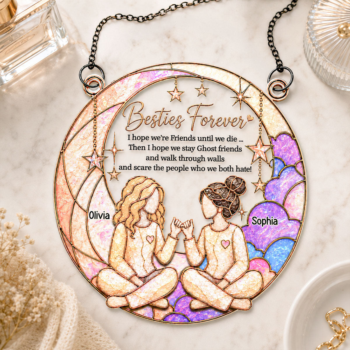 Besties Forever Pinky Promise Moon Theme - Personalized Acrylic Suncatcher - Friendship Keepsake For Best Friends