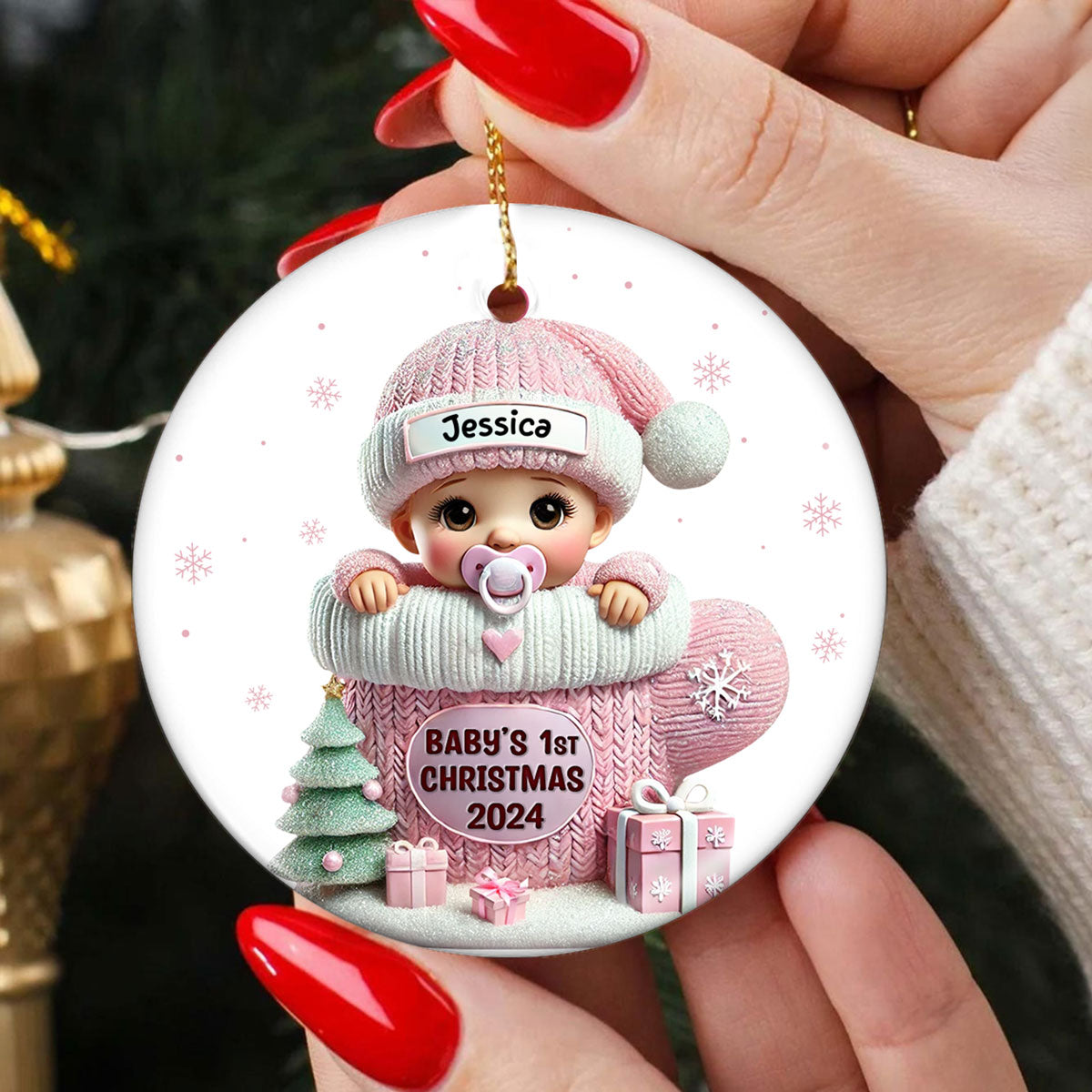 Baby In Mitten 3D Effect Baby's First Christmas Personalized Ceramic Flat Ornament