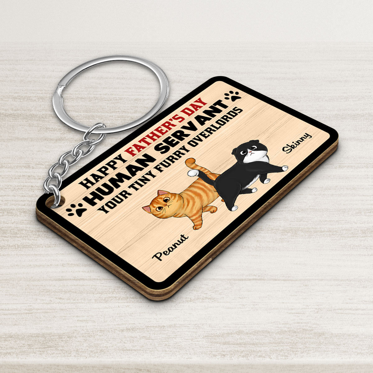 Happy Father‘s Day Human Servant Fluffy Cat Personalized Wooden Keychain