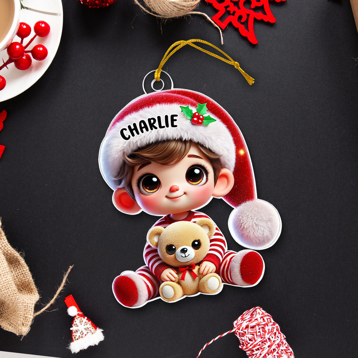 Kid Boy Girl Holding A Teddy Bear Personalized Acrylic Ornament, Christmas Gift for Children, Grandchildren