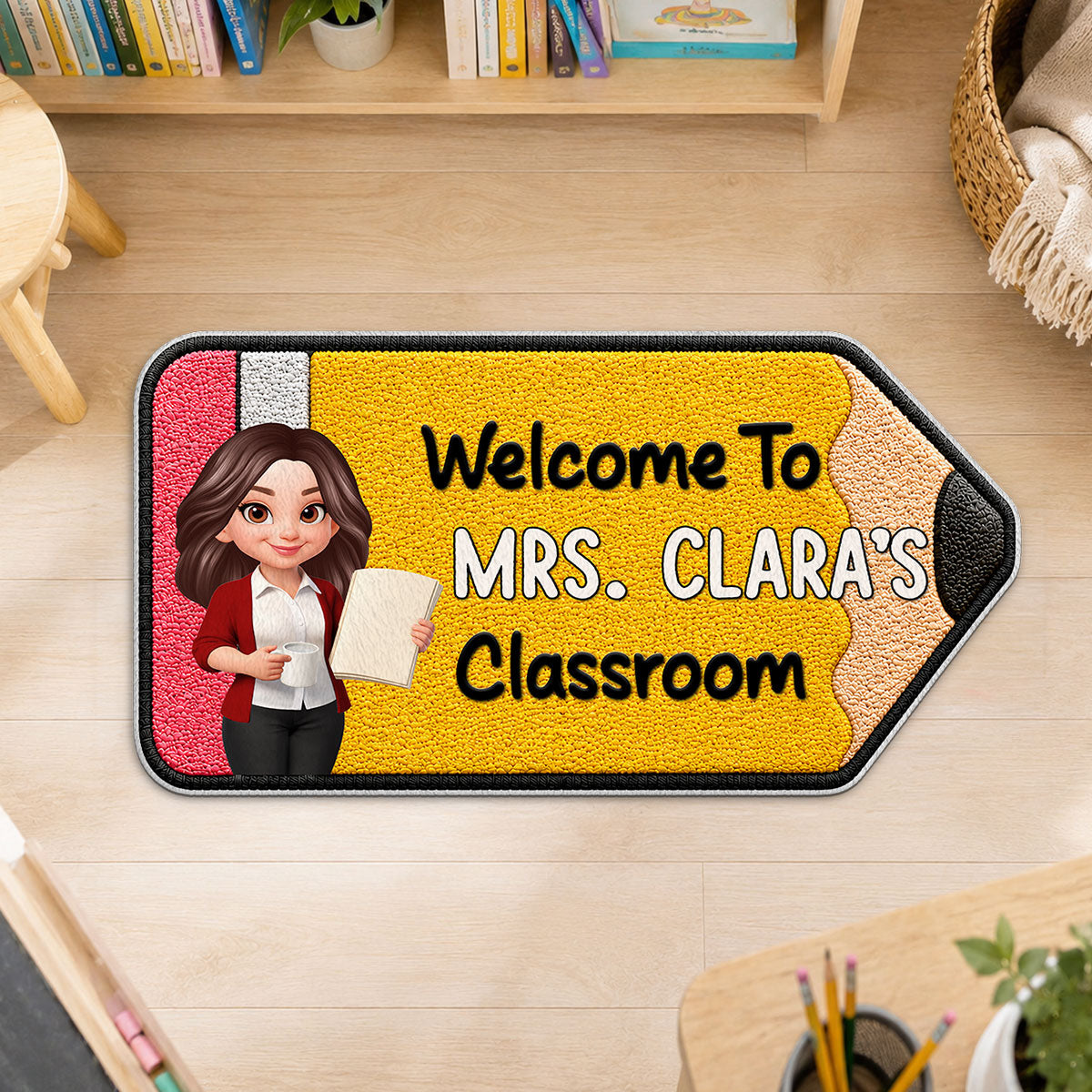 Happy Pencil Teacher Welcome To Classroom - Personalized Doormat - Back To School Gift For Teacher, Classroom Decor
