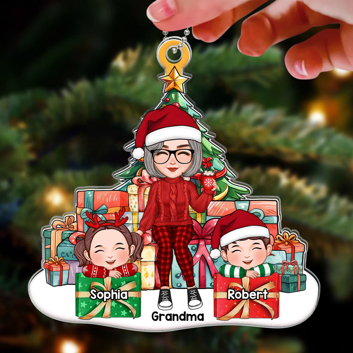 Cute Grandma Grandkids Sitting On Christmas Gift Personalized Acrylic Ornament
