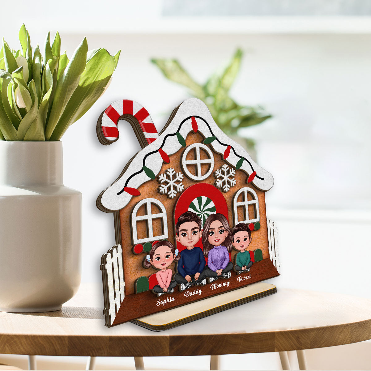 Gingerbread House Family Christmas Tabletop Fireplace Decor Personalized 2-Layer Standing Wooden Plaque