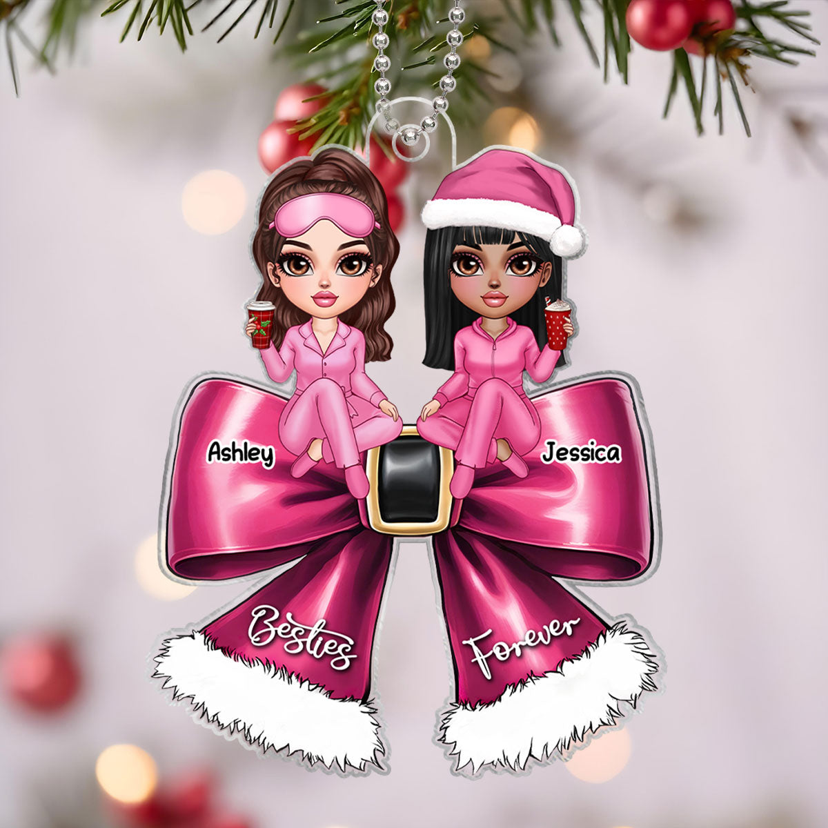 Christmas Coquette Bow Best Friends Personalized Acrylic Ornament, Christmas Gift For Besties