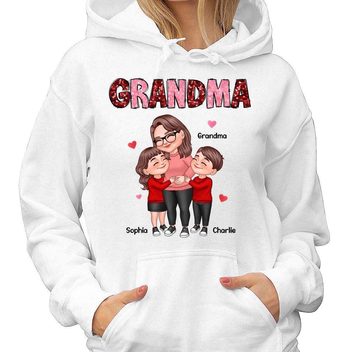 Grandma Grandkids Hugging Red & Pink Hearts Sequins Effect Personalized Shirt