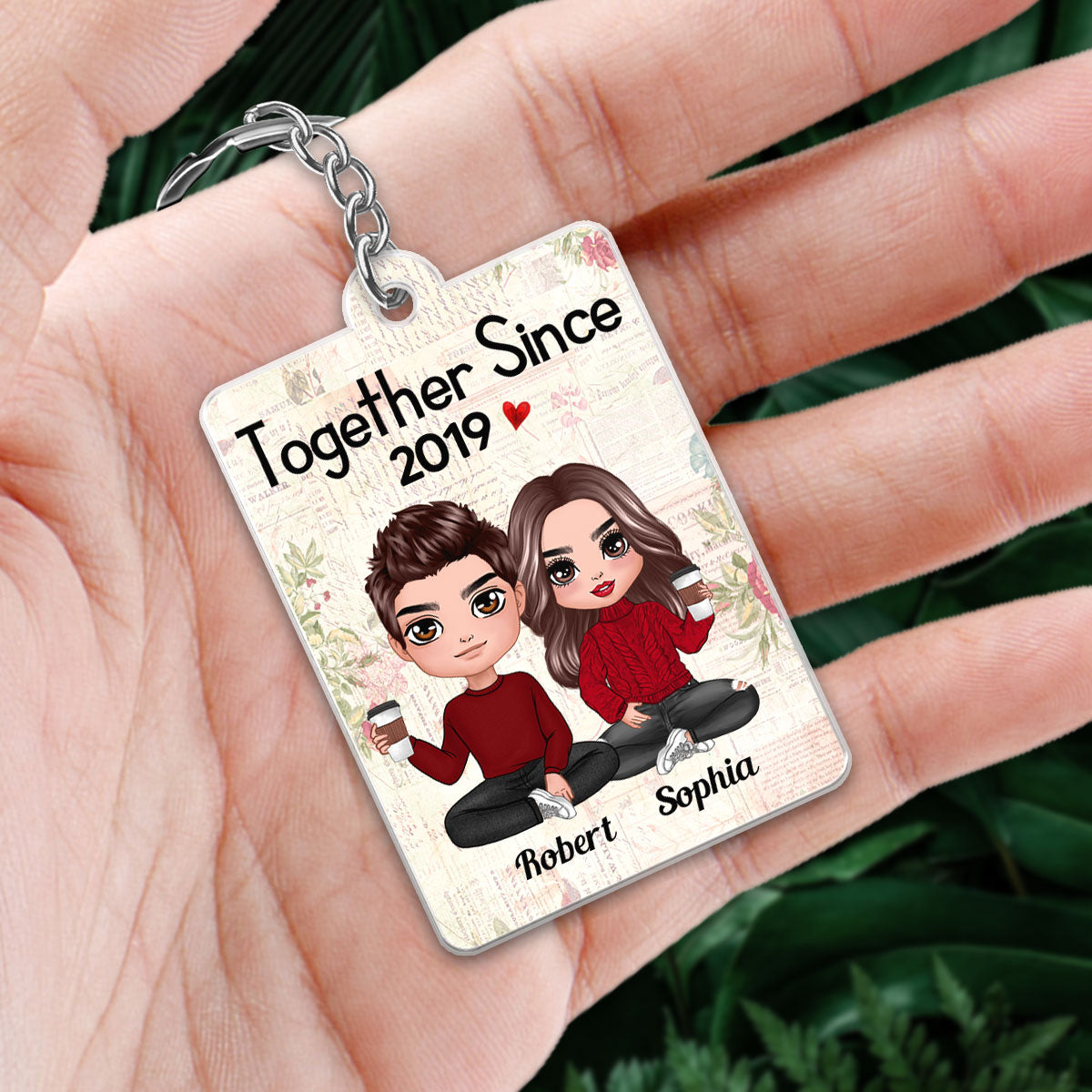 Floral Paper Doll Couple Sitting Together Since Favorite Song Scannable QR Code Personalized Acrylic Keychain