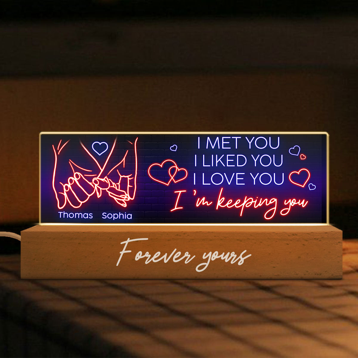 I Love You Forever Yours Couple Hand In Hand Outline Anniversary  Gift Personalized Acrylic Block LED Night Light