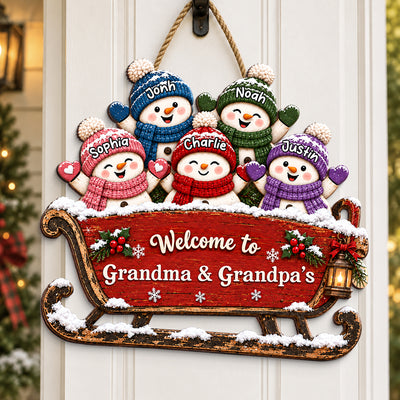 Grandkids Snowman On Sleigh 2D Flat Printed - Personalized Wood Sign - Christmas Decor For Grandparents