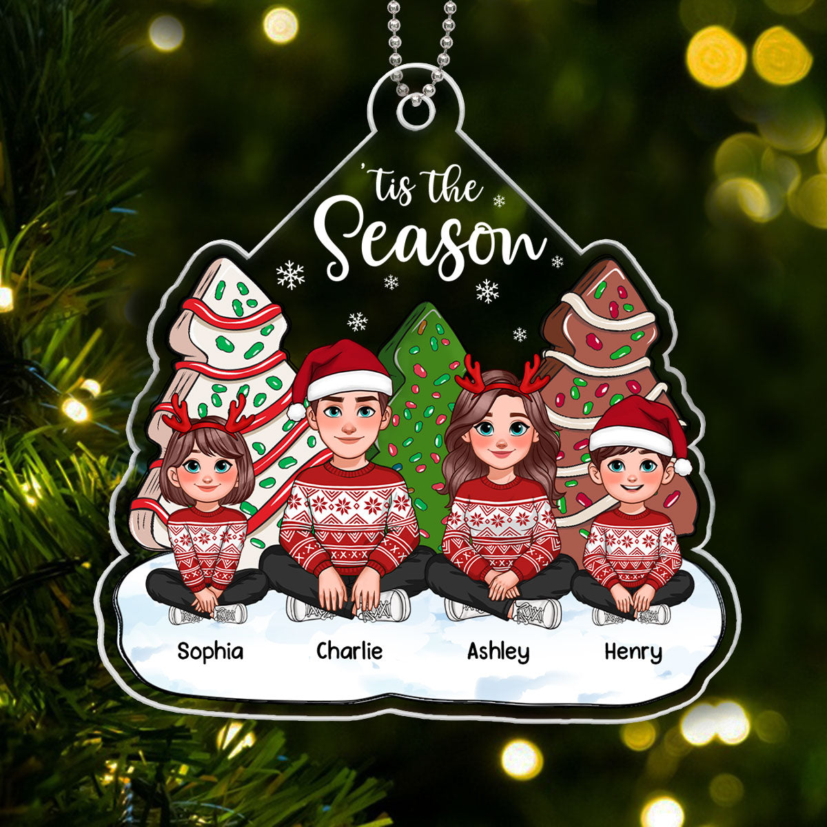 Tis The Season Animated Family Sitting By Christmas Tree Cake Personalized Acrylic Ornament