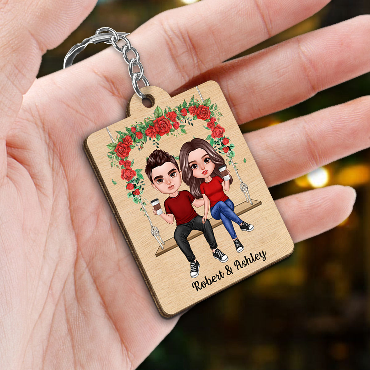 Doll Couple Sitting On Swing Calendar Personalized Wooden Keychain