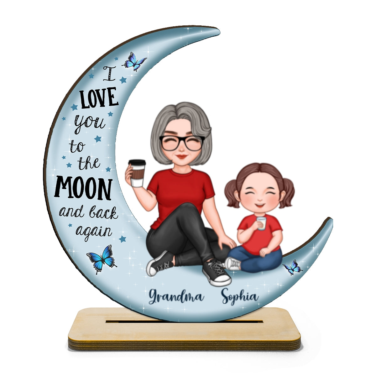 Cute Grandma & Grandkid On Moon Gift For Grandma Gift For Granddaughter Grandson Grandchildren Personalized Standing Wooden Plaque
