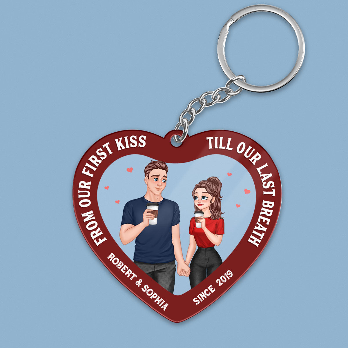 Cartoon Couple Hand In Hand Inside Heart Personalized Acrylic Keychain