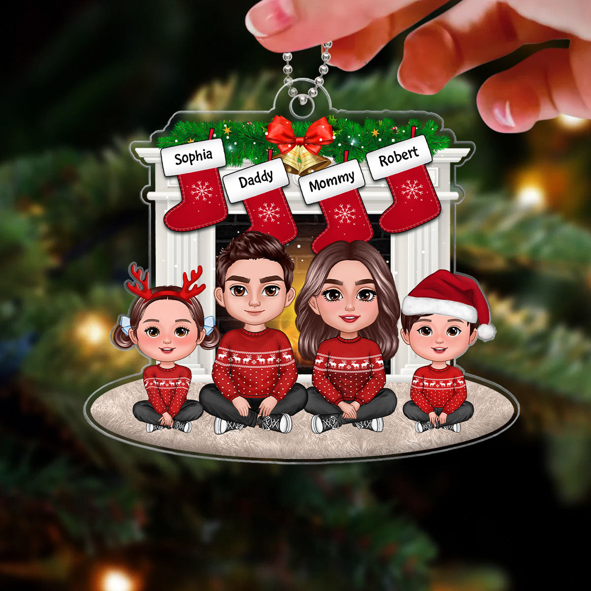 Family Crossed Legs Sitting By Christmas Fireplace Dad Mom Kid Dog Cat Personalized Acrylic Ornament