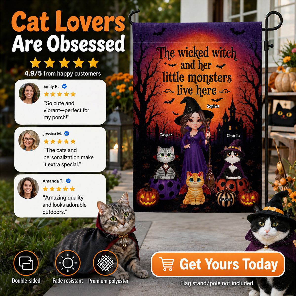 Halloween Wicked Witch And Little Monters Cats - Personalized Garden Flag