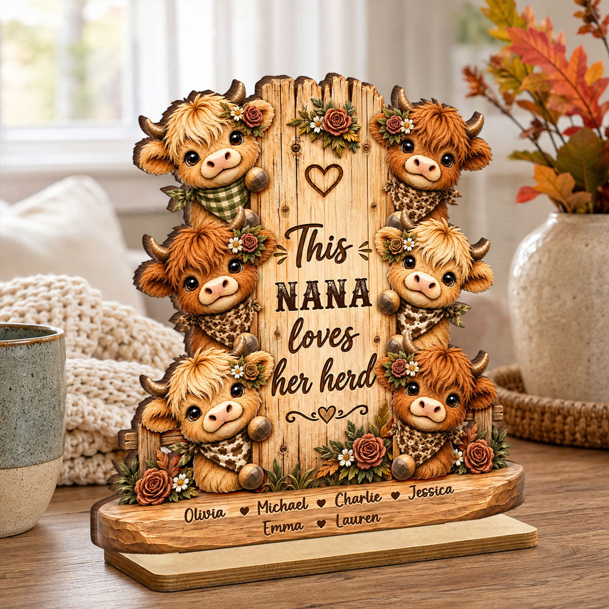 This Grandma Loves Her Herd - Personalized 2-Layered Wooden Plaque - Cozy Fall Decor for Grandma