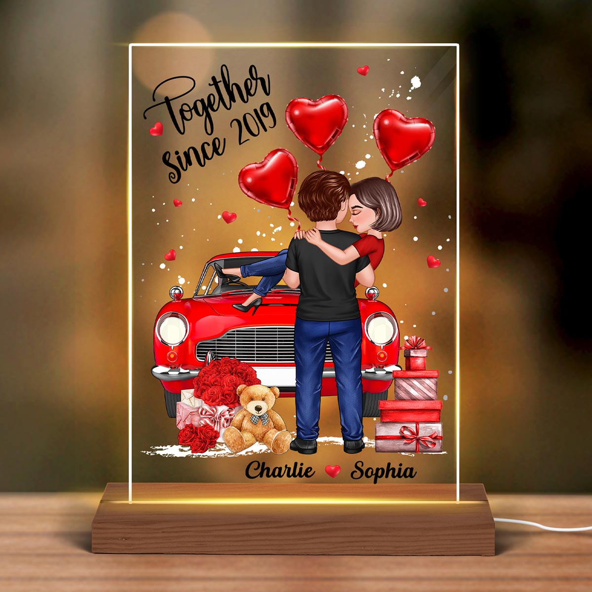 Embracing Hugging Couple Car Personalized Acrylic LED Night Light