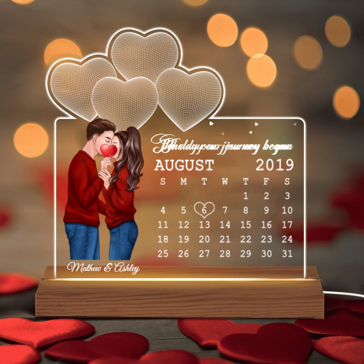 Couple Kissing Behind Heart Under 3D Heart Anniversary Date Calendar Personalized Custom Shape Acrylic Plaque With LED Night Light - Anniversary Gift For Couple - Gift For Him Gift For Her