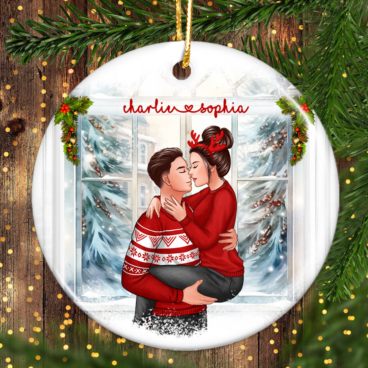 Christmas Couple Holding Kissing Window Personalized Circle Ornament
