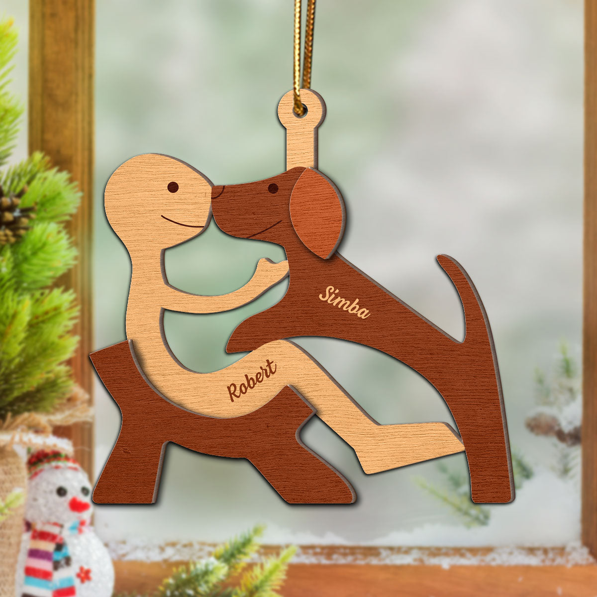 Man Woman And Dog Cat Illustration Personalized 2-Layer Wooden Ornament, Christmas Gift For Dog Lovers, Cat Lovers