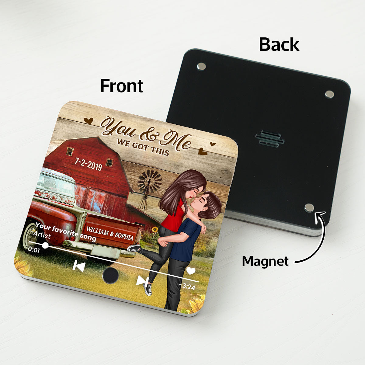 Couple Hugging Kissing Vintage Truck Farmhouse Personalized Music Fridge Magnet, Anniversary  Gift For Him, For Her