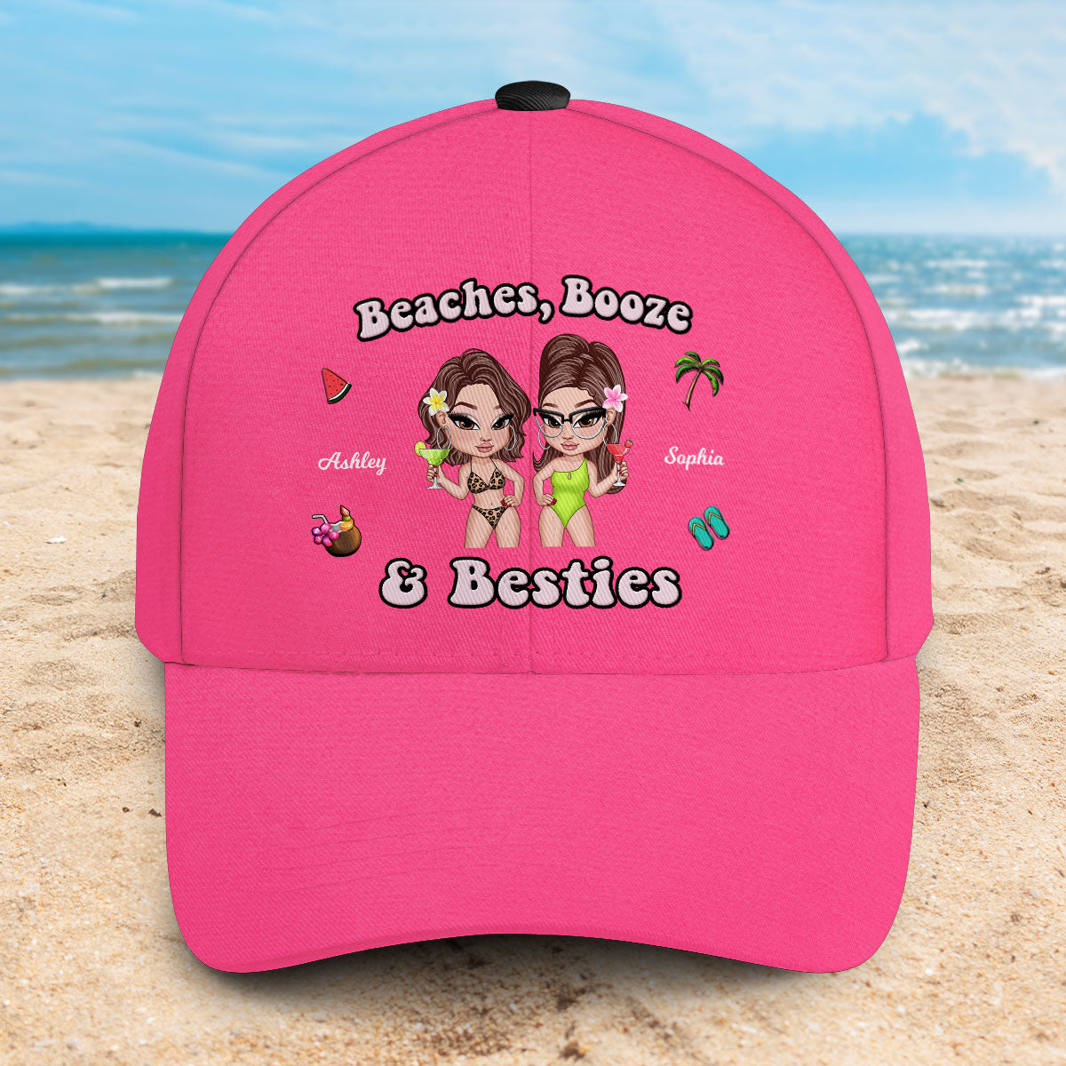 Beaches Booze & Besties, Summer Vibe Personalized Classic Cap, Gift For Best Friends