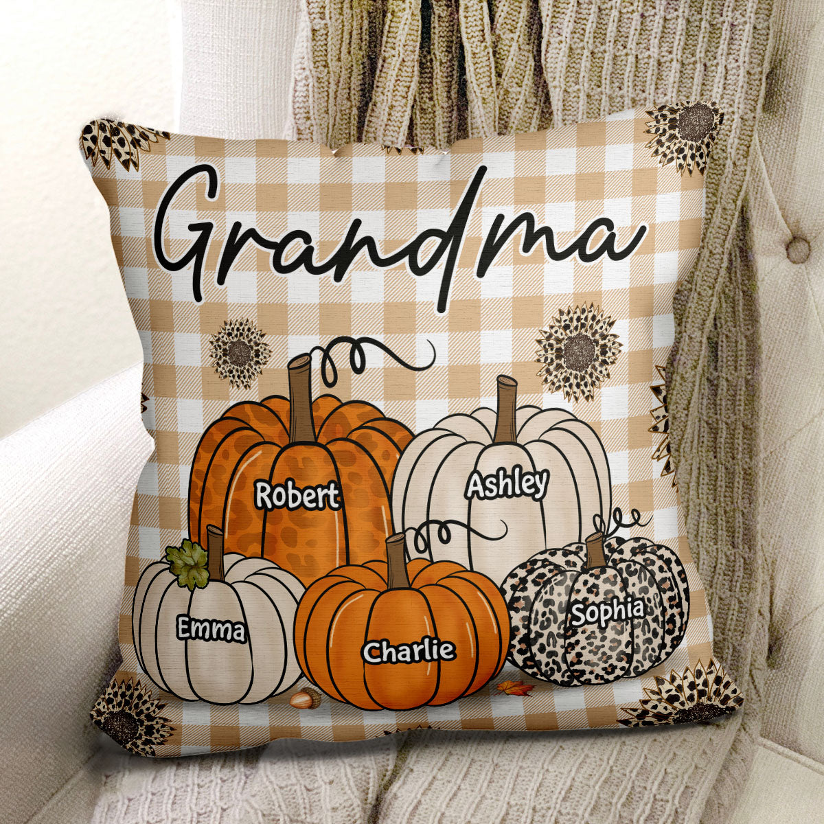 Fall Season Grandma Checkered Pattern Pumpkins Personalized Pillow
