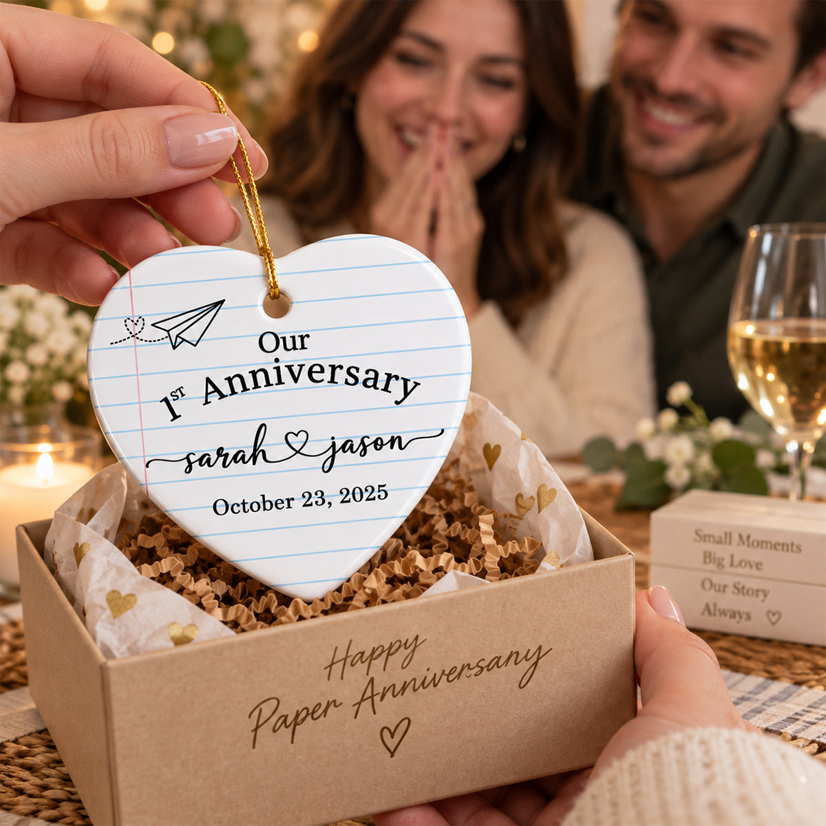 1st Wedding Anniversary Paper Anniversary - Personalized Heart Ceramic Ornament - First Year Keepsake Gift For Him Gift For Her