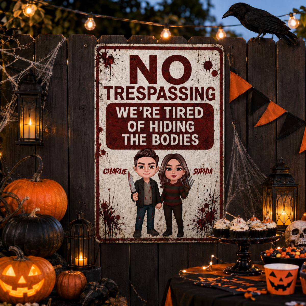 Horror Theme Couple No Trespassing We're Tired of Hiding The Bodies - Personalized Metal Sign - Funny Halloween Decor For Couple