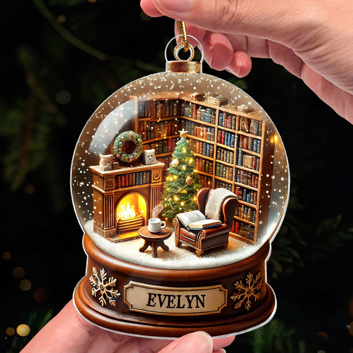 Book Lover Room 3D Effect Snow Globe Christmas Book Club Gift Book Reader Personalized Acrylic Flat Ornament