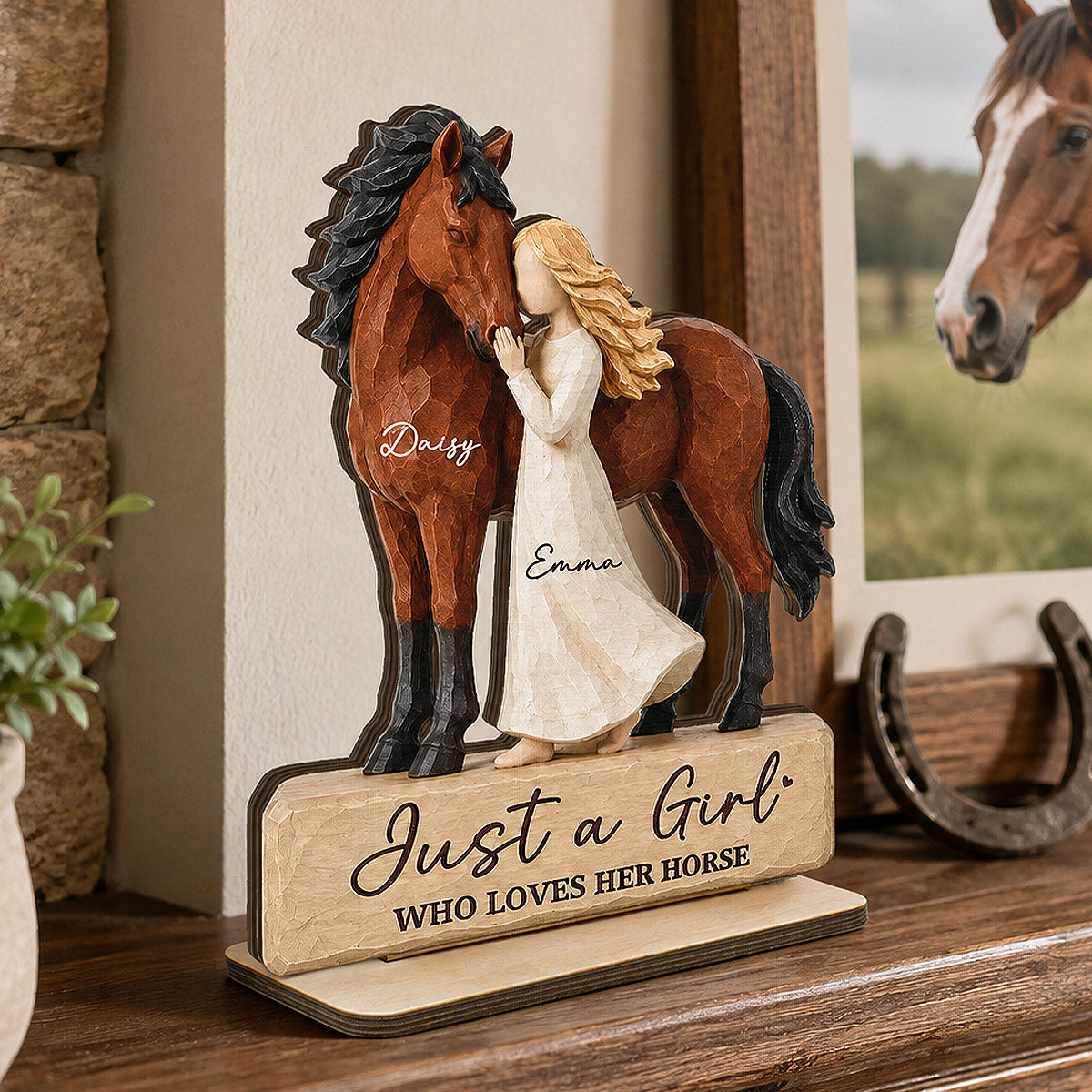 Girl Standing With Horse 2D Flat - Personalized 2-Layered Wooden Plaque - Keepsake Gift For Horse Lover