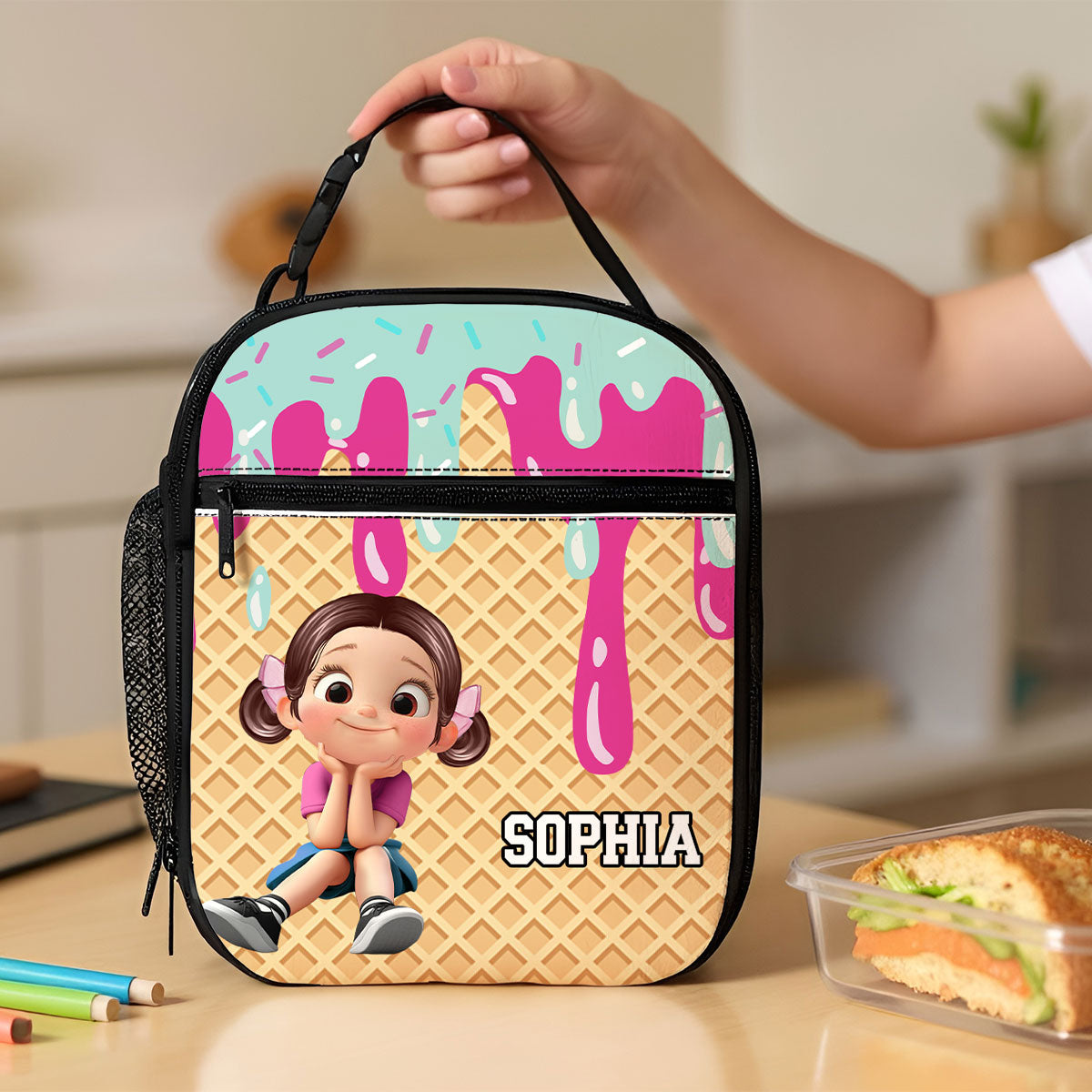 Ice Cream Drip Personalized Insulated Kid Lunch Bag, Back to School Lunch Bag for Kids