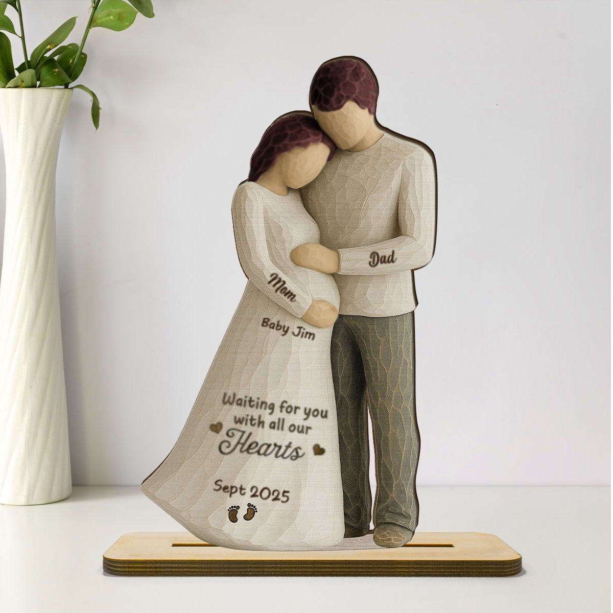 Waiting For You With All Our Hearts Couple Expecting Baby 3D Effect Personalized Standing Wooden Plaque, Baby Shower Gift For Parents-to-be