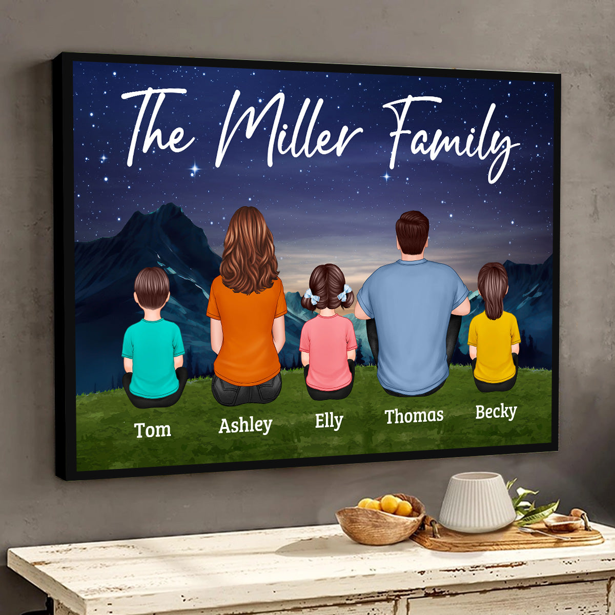 Family Couple Kids Dog Cat Sitting Under Starry Night Personalized Horizontal Poster