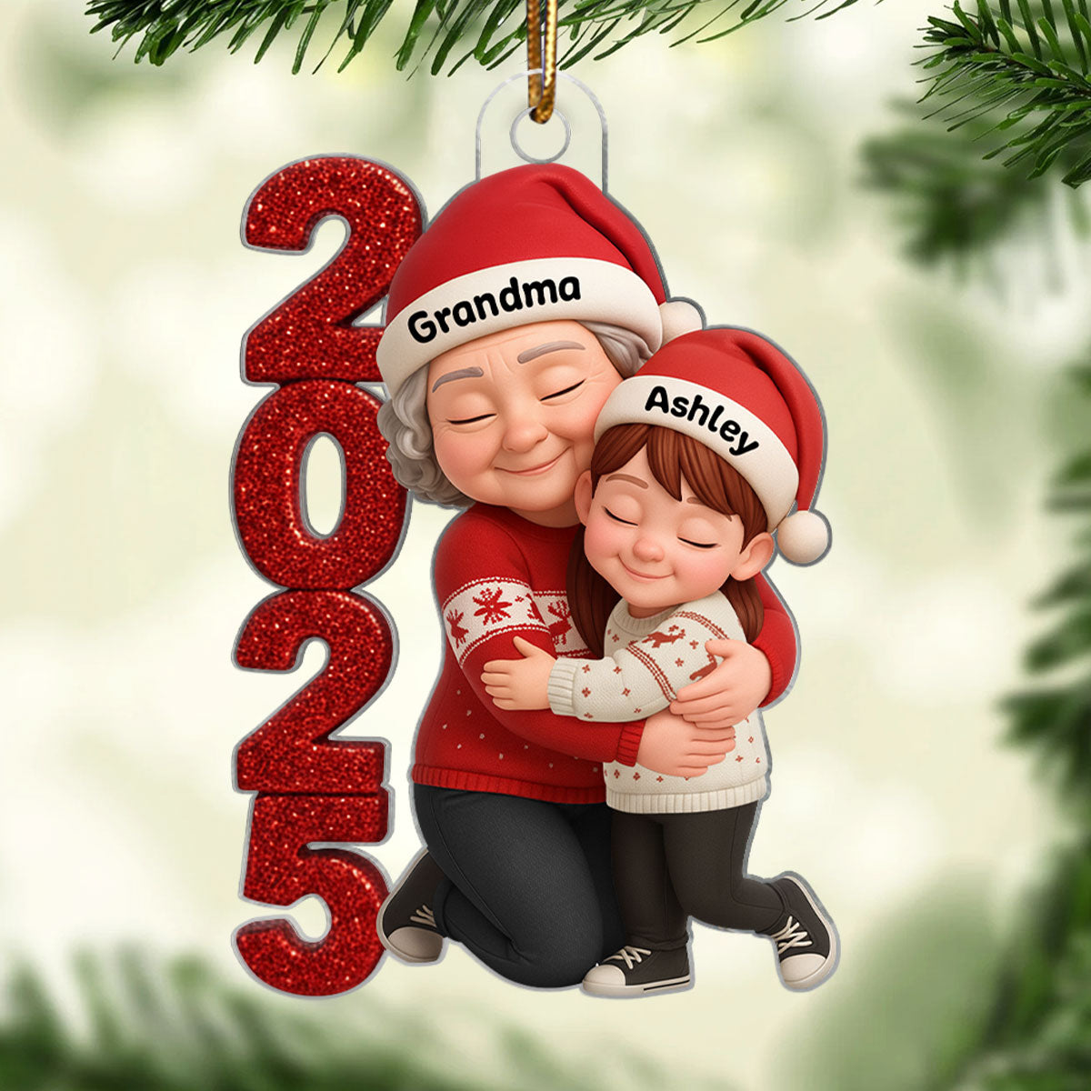 3D Crystal Effect 2025 Grandma Hugging Grandkids - Personalized Acrylic Ornament - Gift for Grandma, Grandkids