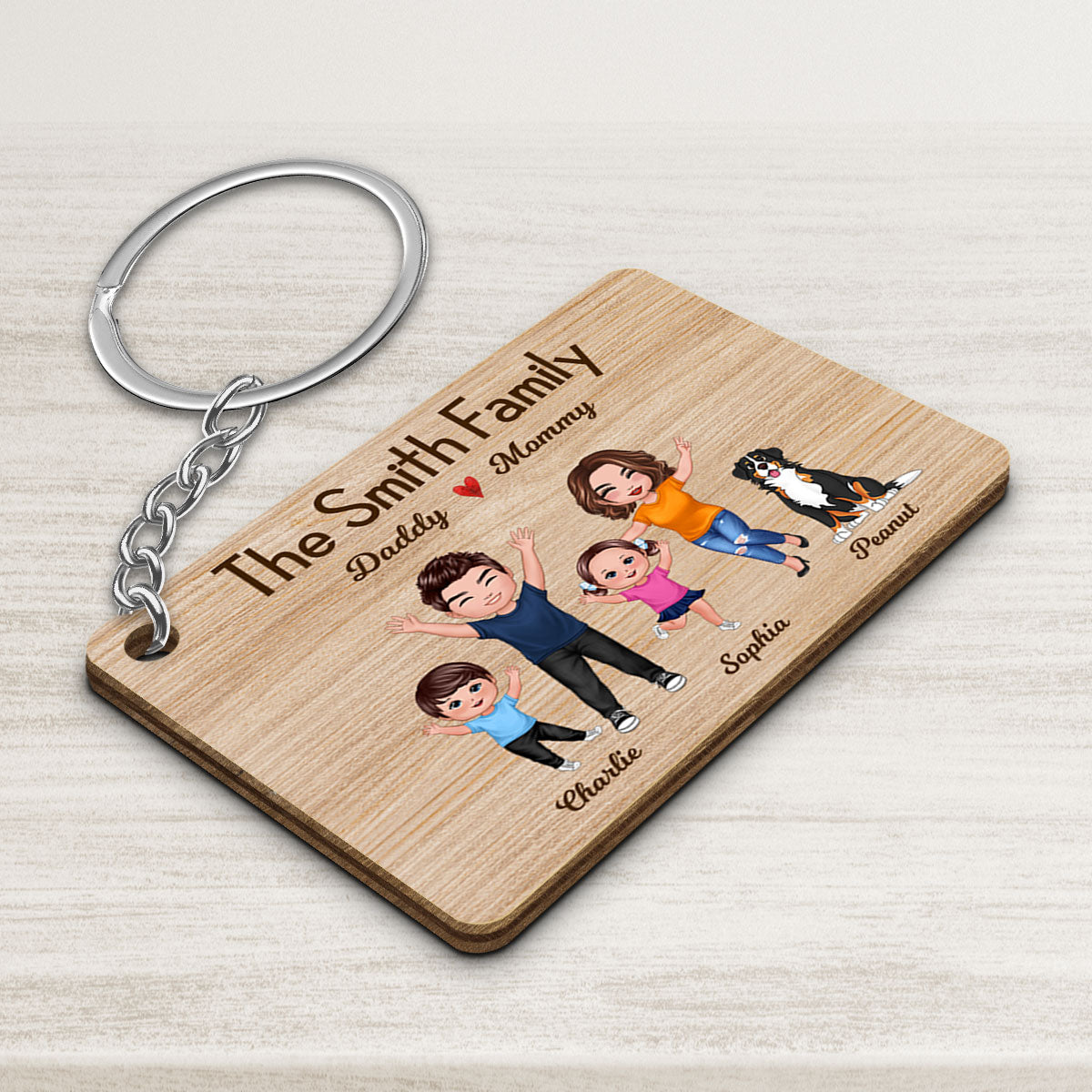 Happy Doll Whole Family Couple Kids Dogs Cats Personalized Wooden Keychain
