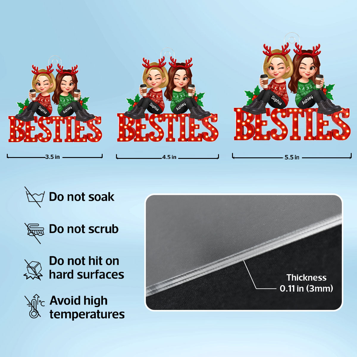 Christmas Besties Sisters Sitting On Marquee LED 3D Effect Personalized Acrylic Ornament